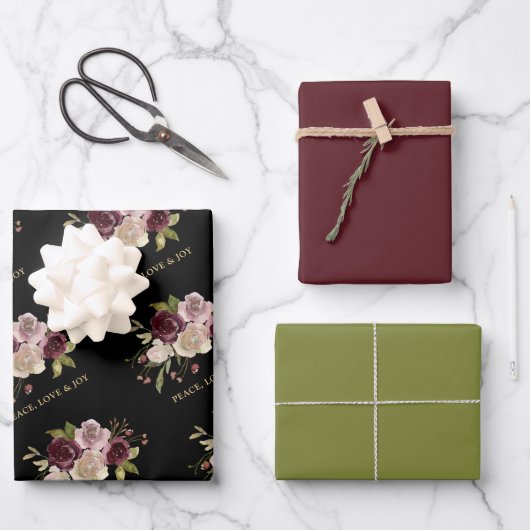 ピースラブアンドジョウィンターブーケブラックホリデー ラッピングペーパーシート (正面)