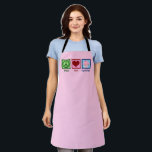 ピースラブカップケーキかわいらしピンクベイカー エプロン<br><div class="desc">このピンクかわいらしのカップケーキエプロンは、甘いデザートのパン屋のための可愛いパティシシェフの贈り物を作る。平和ラブカップケーキ。</div>