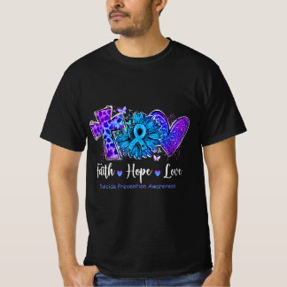 ピースラブキュアティール(緑がかった色)とパープルヒマワリ自殺 Tシャツ