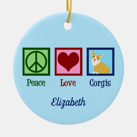 ピースラブコーギスキュートブルーカスタムクリスマス セラミックオーナメント (正面)