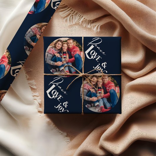 ピースラブジョイエレガントタイポグラフィブルーフォト ラッピングペーパー