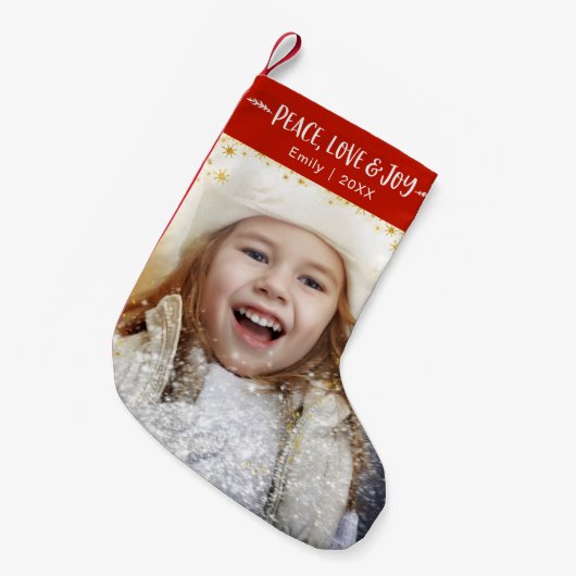 ピースラブジョイカスタムー金ゴールド星名年 スモールクリスマスストッキング (正面 (吊り時))