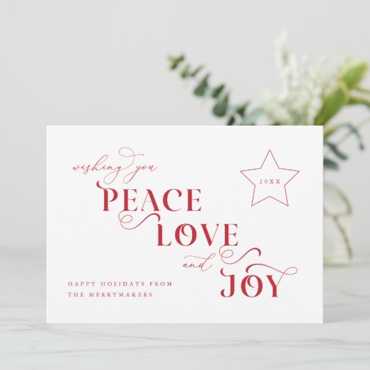 ピースラブジョイクリスマスホリデーフォトカード シーズンカード (スタンド正面)