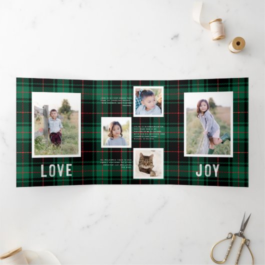 ピースラブジョイグリーンタータンチェックホリデーフォトカード 三つ折り招待状 (内部)