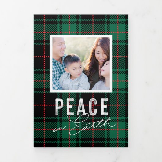 ピースラブジョイグリーンタータンチェックホリデーフォトカード 三つ折り招待状 (カバー)
