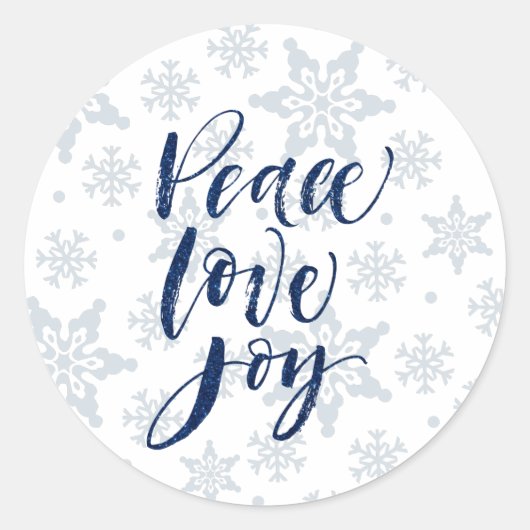 ピースラブジョイスノーフレーククリスマスカードホリデー ラウンドシール (正面)