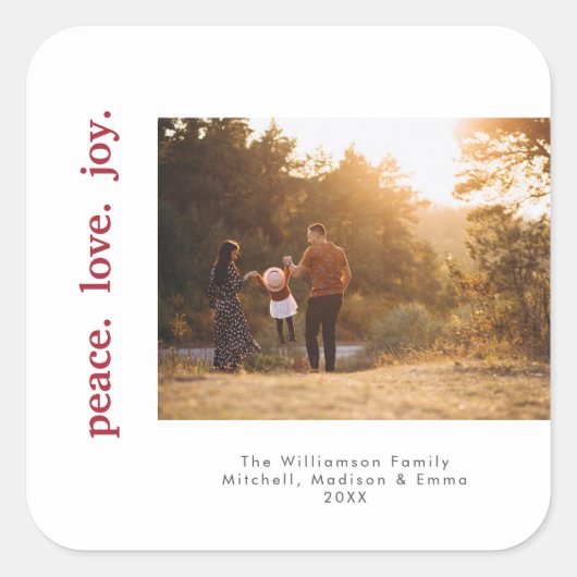 ピースラブジョイホリデークリスマスファミリーフォト スクエアシール (正面)