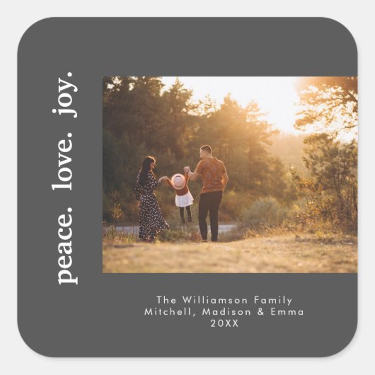 ピースラブジョイホリデークリスマスファミリーフォト スクエアシール (正面)