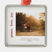 ピースラブジョイホリデークリスマスファミリーフォト メタルオーナメント (正面)
