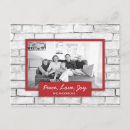 ピースラブジョイホワイトブリックウォールホリデーフォトカード シーズンポストカード