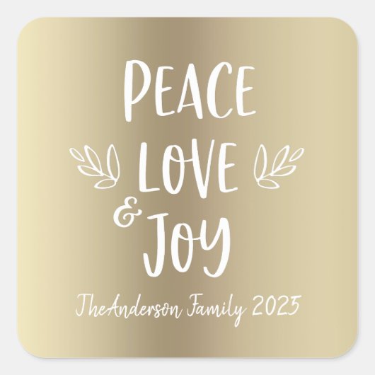 ピースラブジョイモダンタイポグラフィゴールドフォイルホリデー スクエアシール (正面)