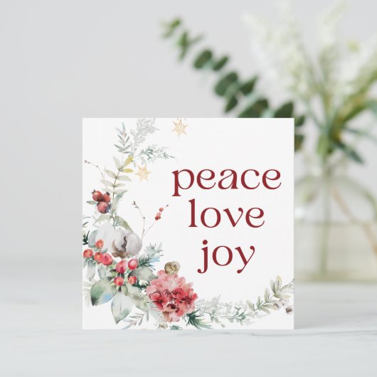 ピースラブジョイレッドホワイトスクエアホリデーカード シーズンカード (スタンド正面)