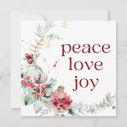ピースラブジョイレッドホワイトスクエアホリデーカード シーズンカード (正面)