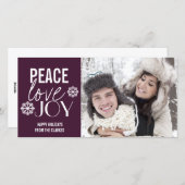 ピースラブジョイ紫の雪の休日のフォトカード シーズンカード (正面/裏面)