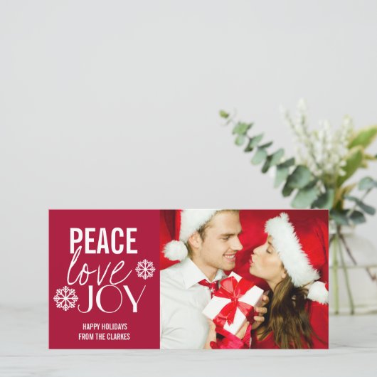 ピースラブジョイ赤い雪のホリデーフォトカード シーズンカード (スタンド正面)