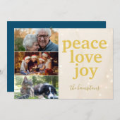 ピースラブジョイ金ゴールドタイポグラフィフォトクリスマスホール シーズンカード (正面/裏面)