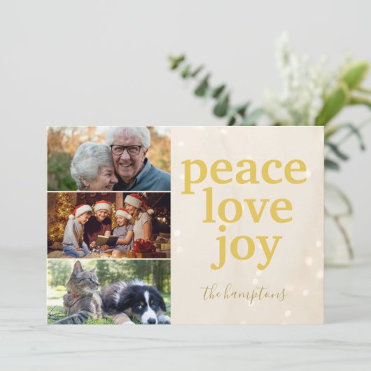 ピースラブジョイ金ゴールドタイポグラフィフォトクリスマスホール シーズンカード (スタンド正面)