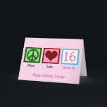 ピースラブスウィート16かわいいカスタム16th誕生日 カード<br><div class="desc">10代パーソナライズされたの女の子のための完璧な16歳の誕生日カード。ピースラブスウィート16あなたの可愛いカスタム文字ピンクかわいらしで。</div>
