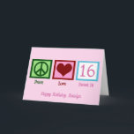 ピースラブスウィート16かわいいカスタム16th誕生日 カード<br><div class="desc">10代パーソナライズされたの女の子のための完璧な16歳の誕生日カード。ピースラブスウィート16あなたの可愛いカスタム文字ピンクかわいらしで。</div>