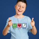 ピースラブスカッシュラケットスポーツキッズ Tシャツ<br><div class="desc">Peace Love Squashの子供のTシャツは、平和のサイン、ハート、ラケットを特徴とするスポーツの子供プレーヤー。</div>