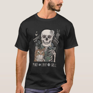 ピースラブスカルアンドキャットハロウィーンスケルトンスマイル Tシャツ