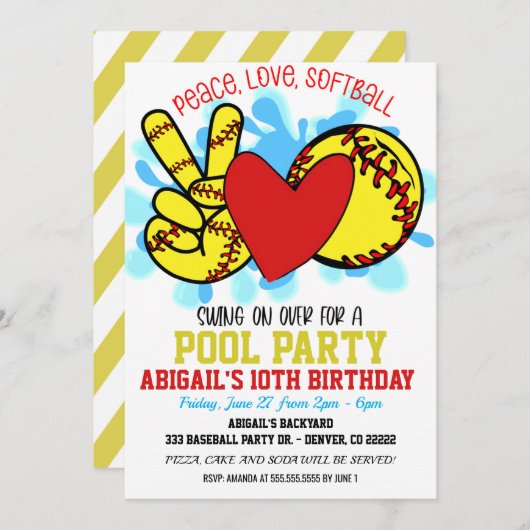 ピースラブソフトボールプールパーティの招待状 招待状 (正面/裏面)