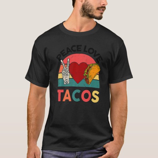ピースラブタコスメキシコ料理レトロタコ Tシャツ (正面)