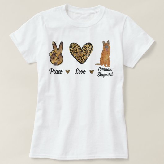 ピースラブドイツ羊飼いヒョウ恋人ペット犬P Tシャツ (デザイン正面)