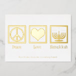ピースラブハヌカーカスタムエレガント金ゴールド 箔シーズンカード<br><div class="desc">平和エレガント愛ハヌカーはユダヤ人の愛のカードで祝ハヌカー（ユダヤ教の祭り）。平和のかわいらしサイン、ハート、あなたの文字の上の美しい（ユダヤ教）メノラーカスタム。</div>