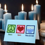ピースラブハヌカー シーズンカード<br><div class="desc">平和の愛ハヌカーのカードは、ハヌカー（ユダヤ教の祭り）を好むユダヤ人の家族のためにの祝。平和のかわいらしサイン、ハート、そして友人や家族に送信する青いカードの美しい（ユダヤ教）メノラー。</div>