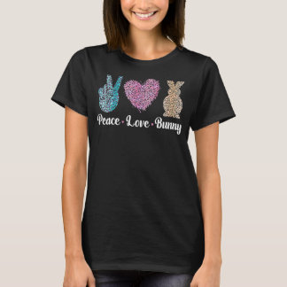 ピースラブバニーヒョウため息をつく手ハートキッズおもしろい Tシャツ