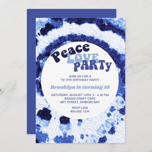 ピースラブパーティーしぼりブルー絞り染め誕生日 招待状 (正面/裏面)