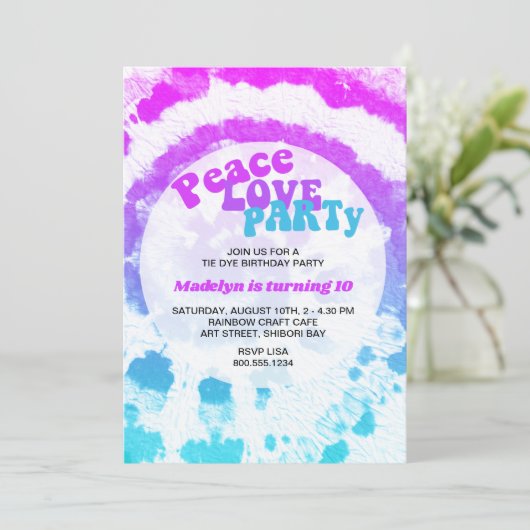 ピースラブパーティーピンクターコイズ絞り染め誕生日 招待状 (スタンド正面)