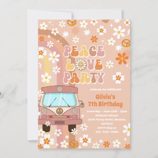 ピースラブパーティーレトロレインボー7誕生日 招待状 (正面)