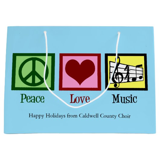 ピースラブミュージックカスタムブルークリスマス ラージペーパーバッグ (正面)