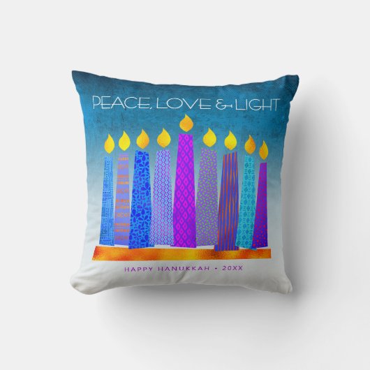 ピースラブライトハヌカはっきりしたキャンドルターコイズ クッション (正面)