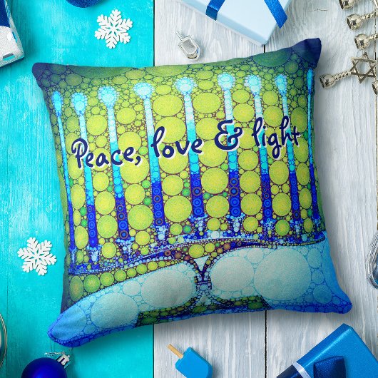 ピースラブライトブルーはっきりしたグリーンハヌカー（ユダヤ教）メノラー クッション