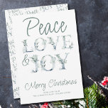 ピースラブ&ジョイ装飾タイポグラフィクリスマス シーズンカード<br><div class="desc">ブルーパーソナライズされたとグリーンの柔らかい色合いの装飾レタリングと水色タイポグラフィクリスマスカード。言葉読「愛と喜び…メリークリスマス」とカスタマイズできる残りの文字。装飾的なエレガントレタリングと微妙な水色デザイン。</div>