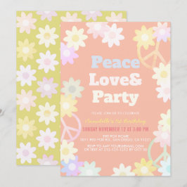 ピースラブ＆パーティーピンク 1歳誕生日招待状 招待状