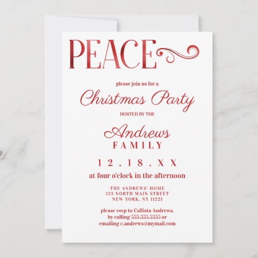ピース引用文ホワイトレッドフォイルシンプルクリスマス 招待状 (正面)