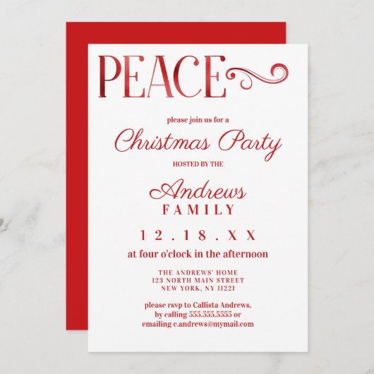 ピース引用文ホワイトレッドフォイルシンプルクリスマス 招待状 (正面/裏面)