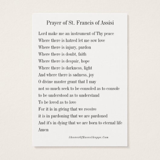 ピース祈りの言葉セントフランシス祈りの言葉カード (裏面)