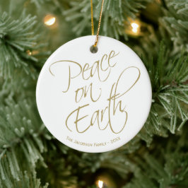 ピース・オン・アース ゴールドスクリプト クリスマス 写真 セラミックオーナメント