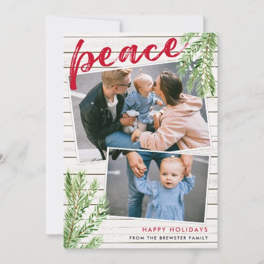 ピース、スノーエバーグリーン2 フォト ホリデー カード (正面)