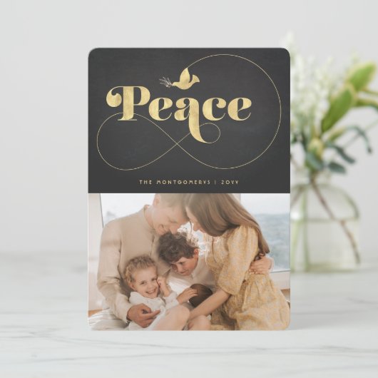 ピース タイポグラフィ おしゃれ ゴールドの鳩 現代の写真 シーズンカード (スタンド正面)