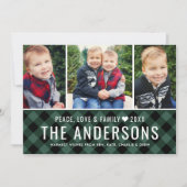 ピース・ラブ・アンド・ファミリー グリーン・チェック柄 フォト・コラージュ シーズンカード (正面)