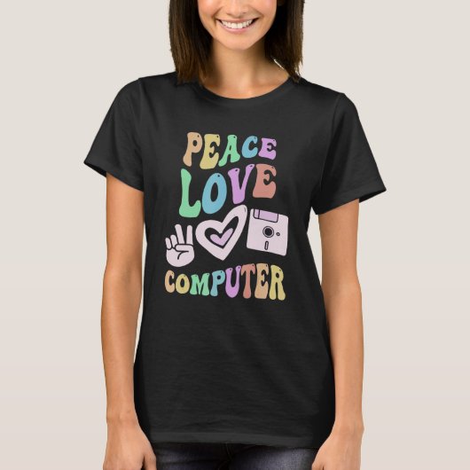 ピース ラブ コンピューター レトロ技術 先生 グルーヴ Tシャツ (正面)