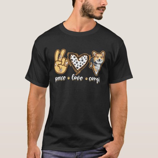 ピース ラブ コーギー ウェルシュコーギー Tシャツ (正面)