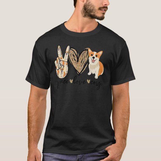 ピース ラブ コーギー 犬のママ Tシャツ (正面)
