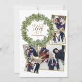 ピース ラブ ジョイ 5 フォト グリーン リース クリスマスカード (正面)